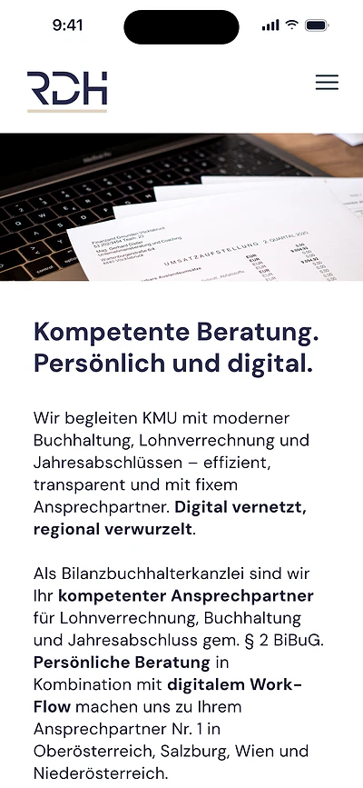 Startseite von rdh-bilanzbuchhaltung.at in der Smartphone-Ansicht